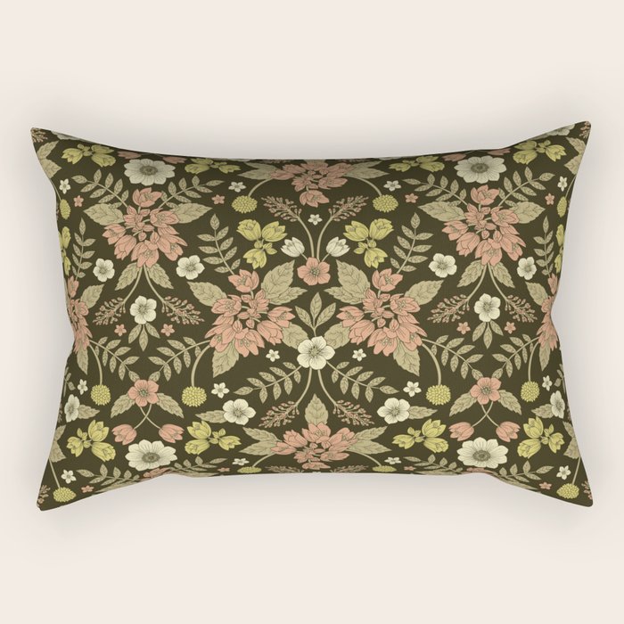 Sage, Dark Green, Peach & Cream Floral Pattern Rectangular Pillow Gallery Image 1