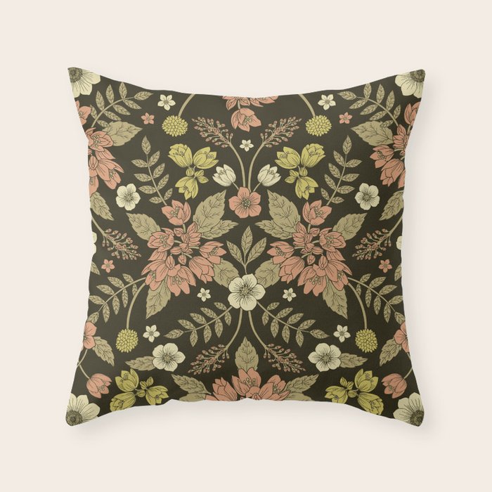 Sage, Dark Green, Peach & Cream Floral Pattern Throw Pillow Gallery Image 1