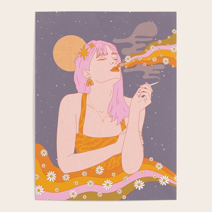 Woman Smoking Daisy Flowers Poster