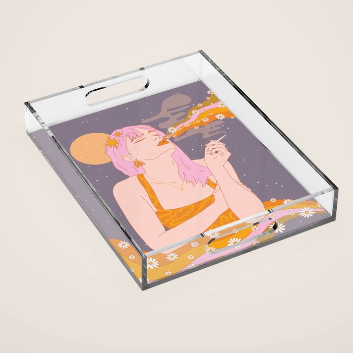 Woman Smoking Daisy Flowers Acrylic Tray Gallery Image 1