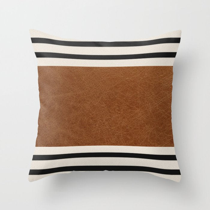 Scandinavian Modern Cognac Leather With Stipes Throw Pillow Gallery Image 6