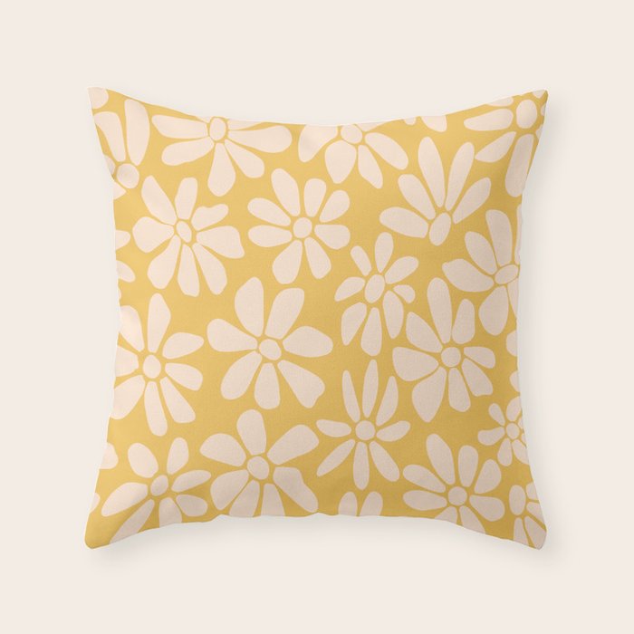 Retro Floral - Earthy colors - yellow mostard Throw Pillow Gallery Image 1