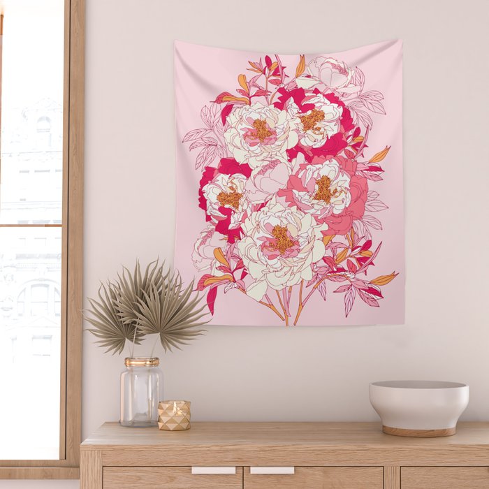 Pink flowers of peonies Wall Tapestry Gallery Image 2
