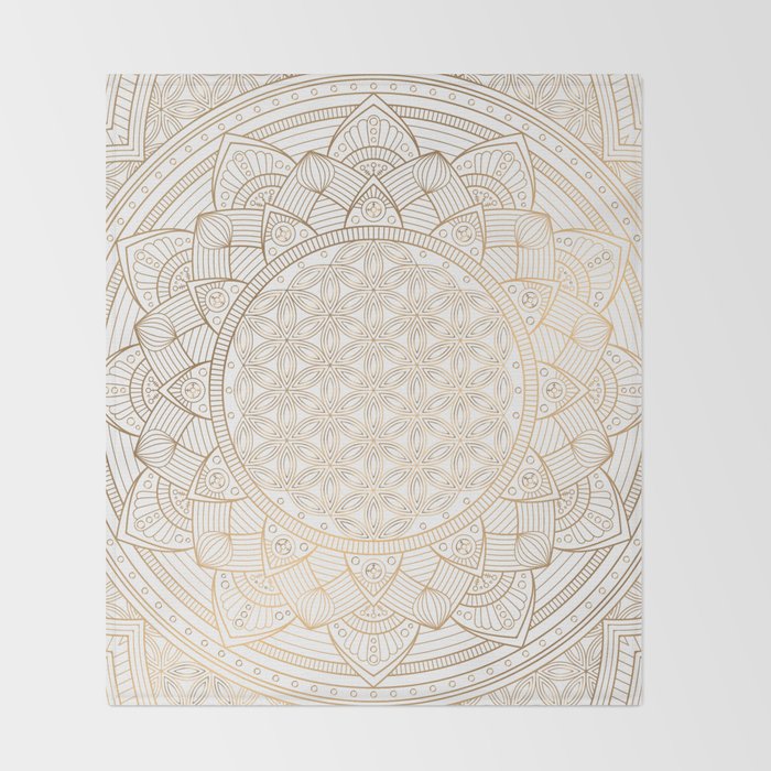 The Flower of Life Gold Mandala Pattern With White Shimmer Throw Blanket Gallery Image 2