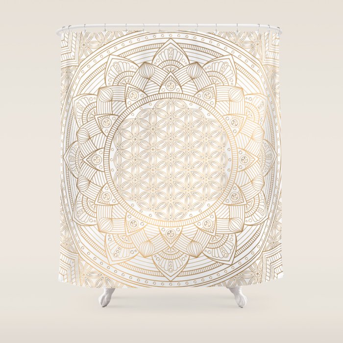 The Flower of Life Gold Mandala Pattern With White Shimmer Shower Curtain Gallery Image 1