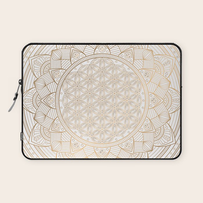 The Flower of Life Gold Mandala Pattern With White Shimmer Laptop Sleeve Gallery Image 1