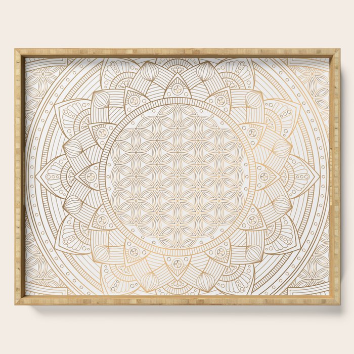 The Flower of Life Gold Mandala Pattern With White Shimmer Serving Tray Gallery Image 1