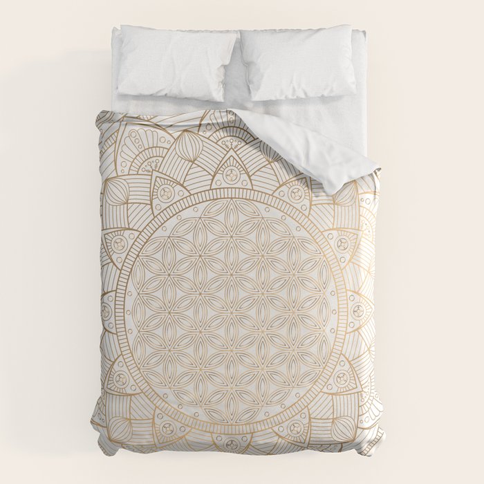 The Flower of Life Gold Mandala Pattern With White Shimmer Duvet Cover Gallery Image 6