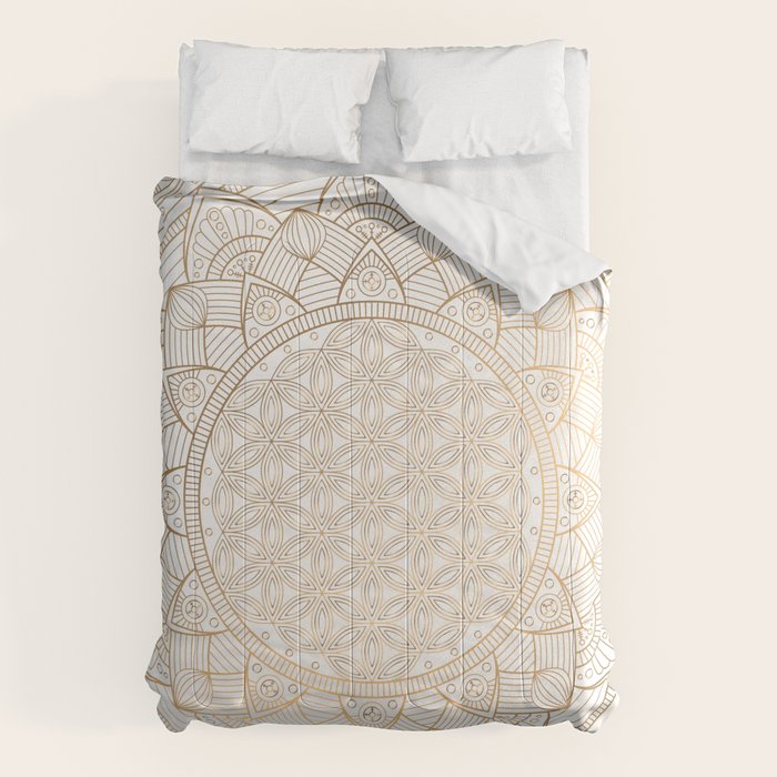 The Flower of Life Gold Mandala Pattern With White Shimmer Comforter Gallery Image 6