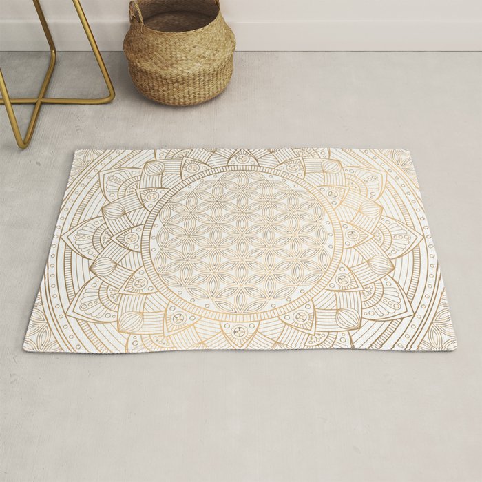 The Flower of Life Gold Mandala Pattern With White Shimmer Rug Gallery Image 1