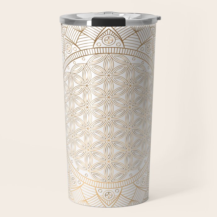 The Flower of Life Gold Mandala Pattern With White Shimmer Travel Mug Gallery Image 1