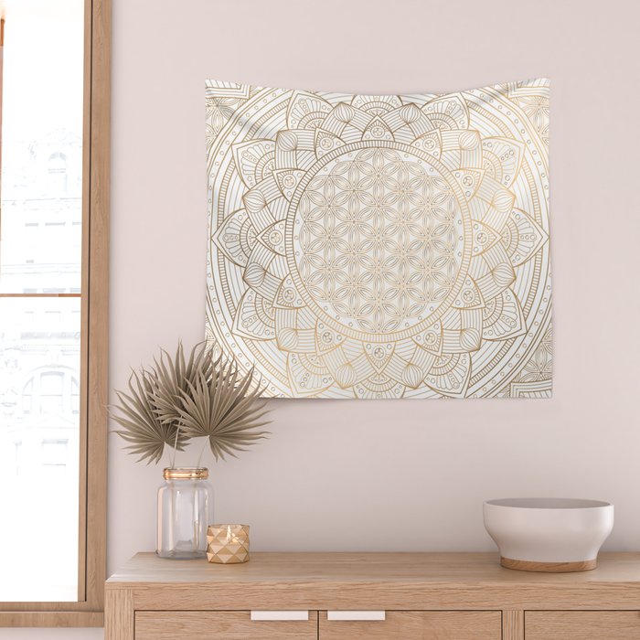 The Flower of Life Gold Mandala Pattern With White Shimmer Wall Tapestry Gallery Image 2