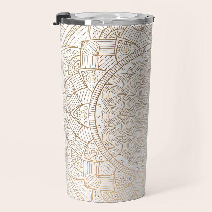 The Flower of Life Gold Mandala Pattern With White Shimmer Travel Mug Gallery Image 3