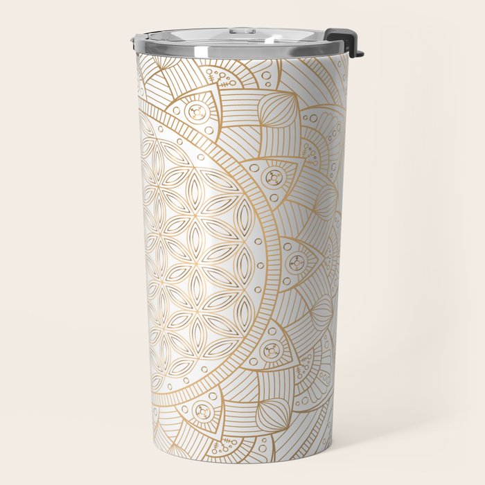 The Flower of Life Gold Mandala Pattern With White Shimmer Travel Mug Gallery Image 2