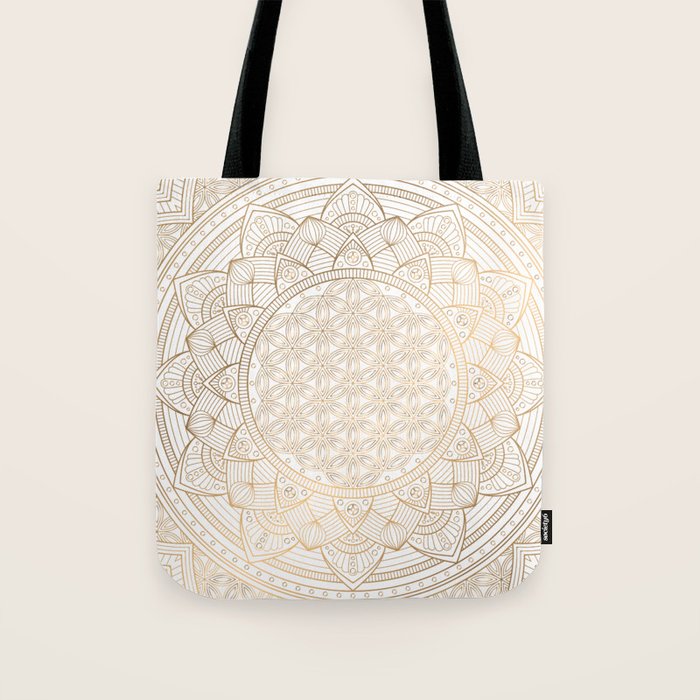 The Flower of Life Gold Mandala Pattern With White Shimmer Tote Bag Gallery Image 1