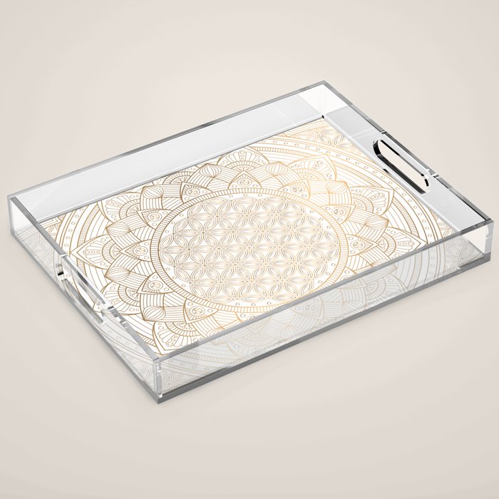 The Flower of Life Gold Mandala Pattern With White Shimmer Acrylic Tray Gallery Image 1