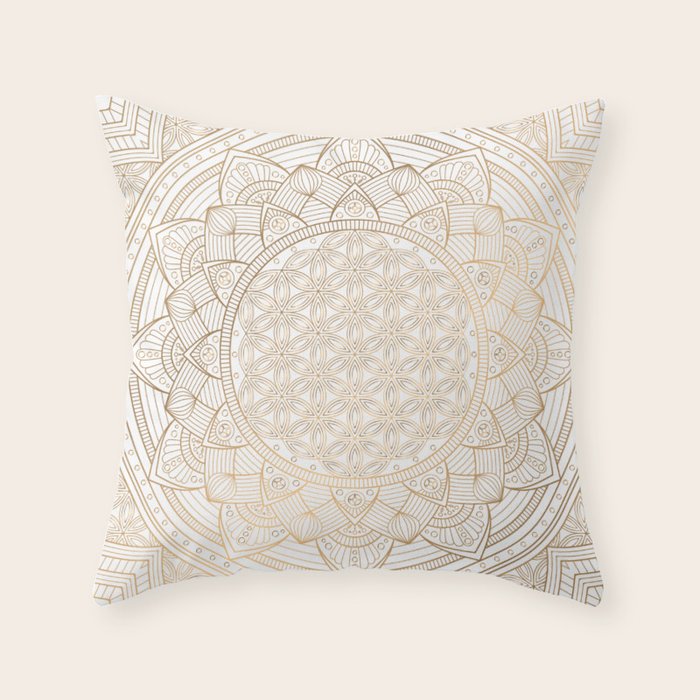 The Flower of Life Gold Mandala Pattern With White Shimmer Throw Pillow Gallery Image 1