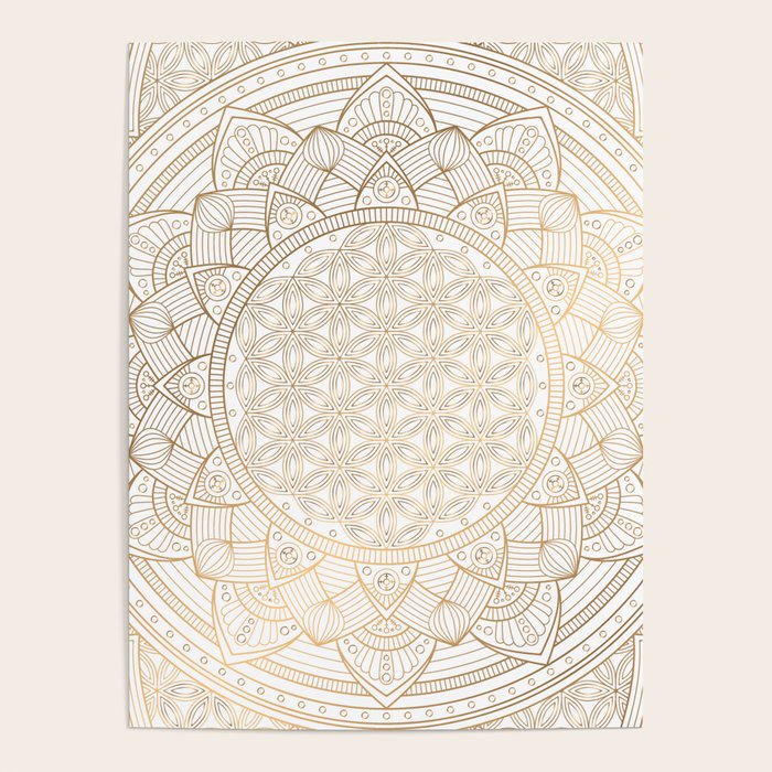 The Flower of Life Gold Mandala Pattern With White Shimmer Poster Gallery Image 4