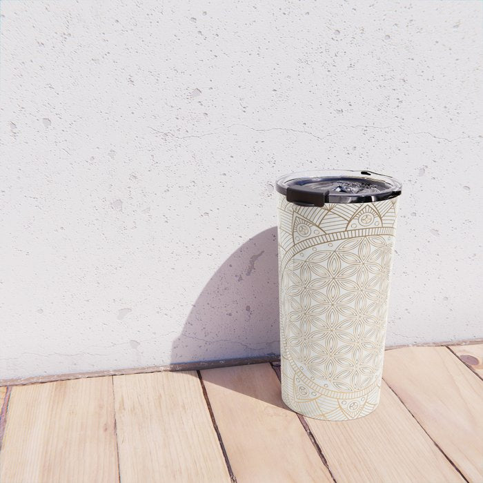 The Flower of Life Gold Mandala Pattern With White Shimmer Travel Mug Gallery Image 4