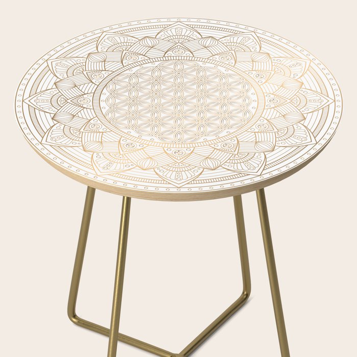 The Flower of Life Gold Mandala Pattern With White Shimmer Side Table Gallery Image 2