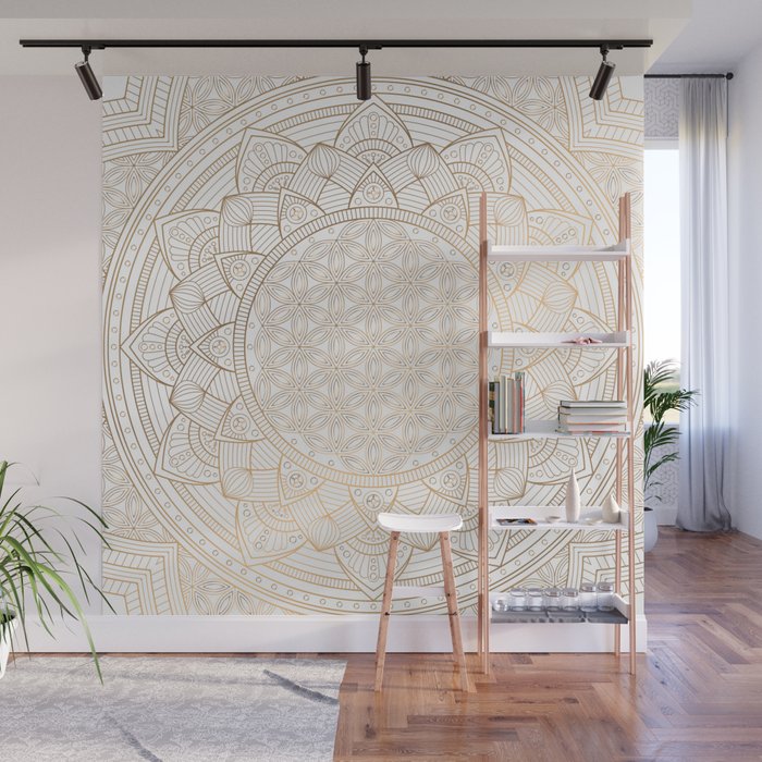 The Flower of Life Gold Mandala Pattern With White Shimmer Wall Mural Gallery Image 1
