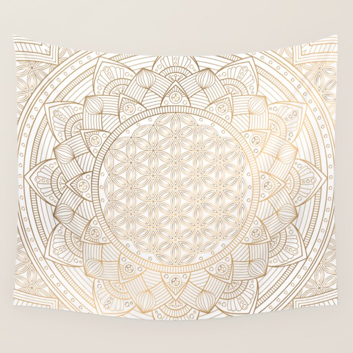 The Flower of Life Gold Mandala Pattern With White Shimmer Wall Tapestry Gallery Image 1