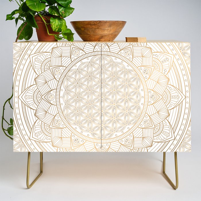The Flower of Life Gold Mandala Pattern With White Shimmer Credenza Gallery Image 1
