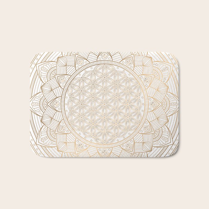 The Flower of Life Gold Mandala Pattern With White Shimmer Bath Mat Gallery Image 1