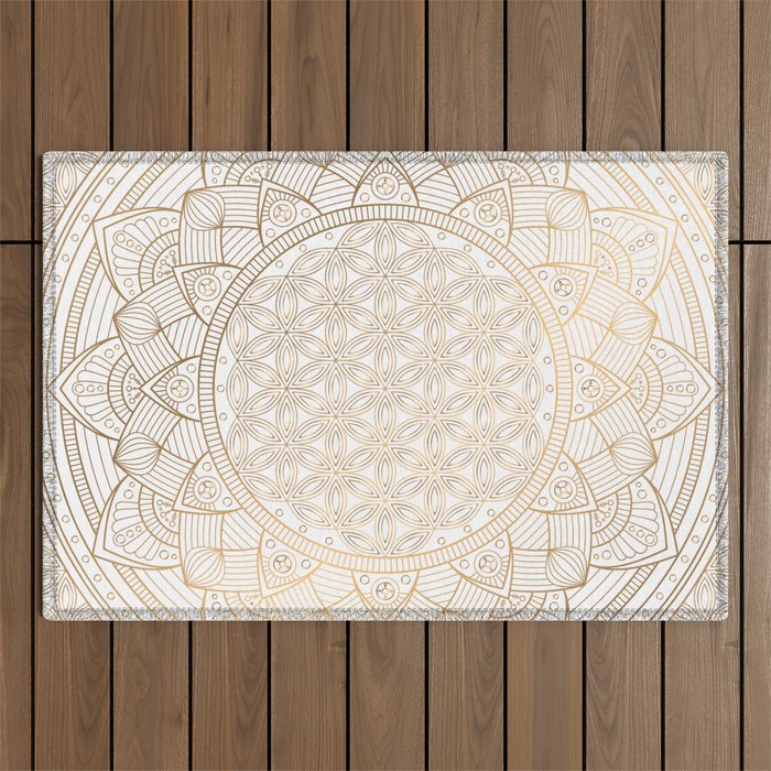 The Flower of Life Gold Mandala Pattern With White Shimmer Outdoor Rug Gallery Image 1