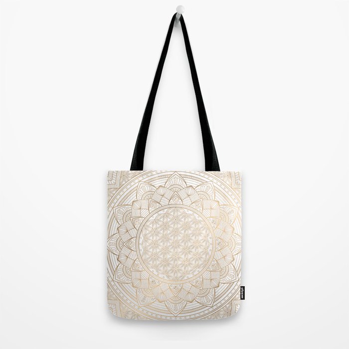 The Flower of Life Gold Mandala Pattern With White Shimmer Tote Bag Gallery Image 2