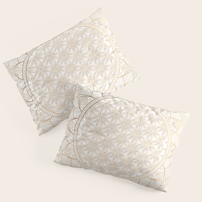 The Flower of Life Gold Mandala Pattern With White Shimmer Pillow Sham Gallery Image 3