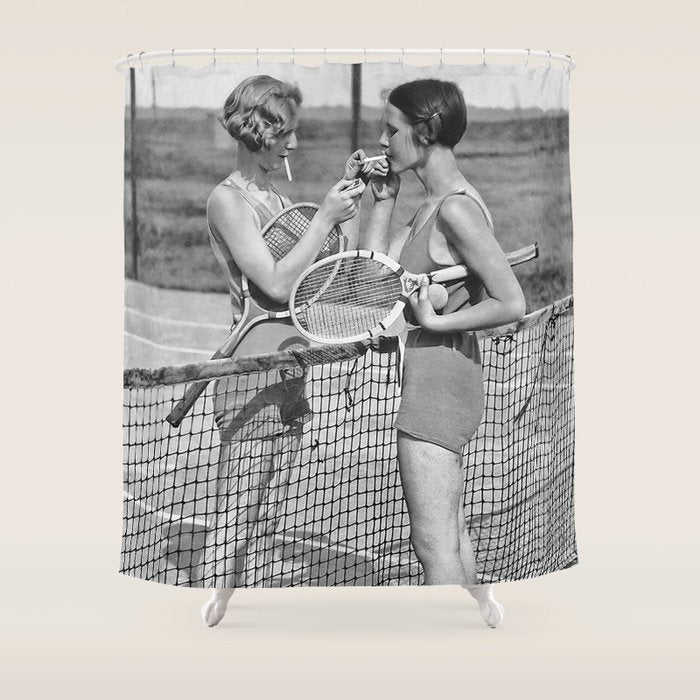 Tennis Players, Black and White Art, Vintage Wall Art Shower Curtain Gallery Image 1