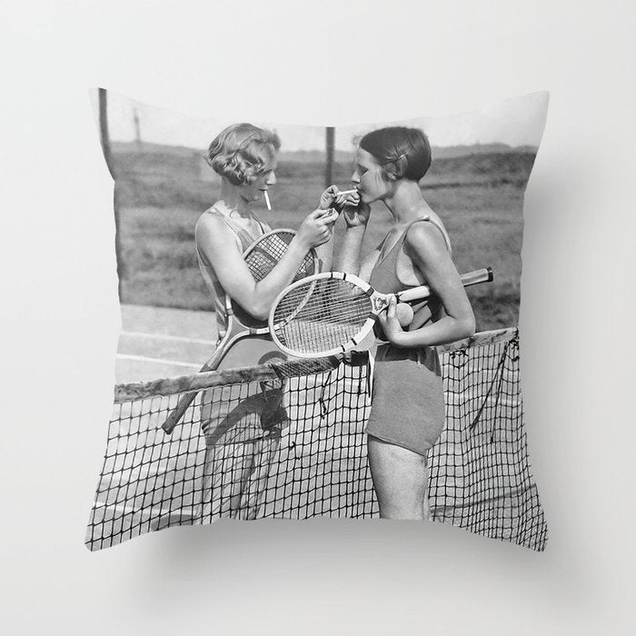 Tennis Players, Black and White Art, Vintage Wall Art Throw Pillow Gallery Image 1