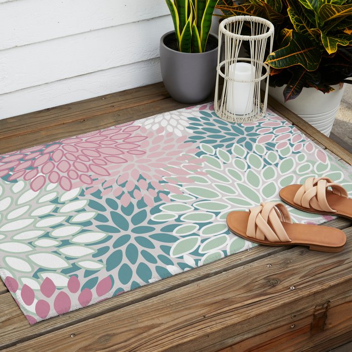 Floral Blooms, Soft Pink, Green and Teal, Design Prints Outdoor Rug Gallery Image 2