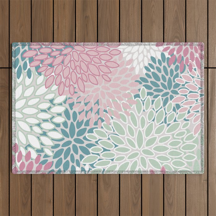 Floral Blooms, Soft Pink, Green and Teal, Design Prints Outdoor Rug Gallery Image 1