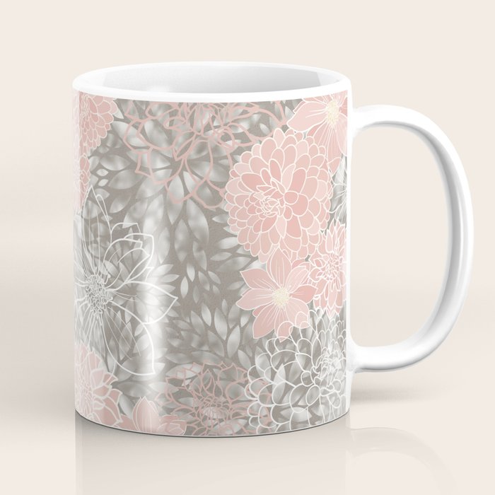 Floral Dahlias, Blush Pink, Gray, White Coffee Mug Gallery Image 1