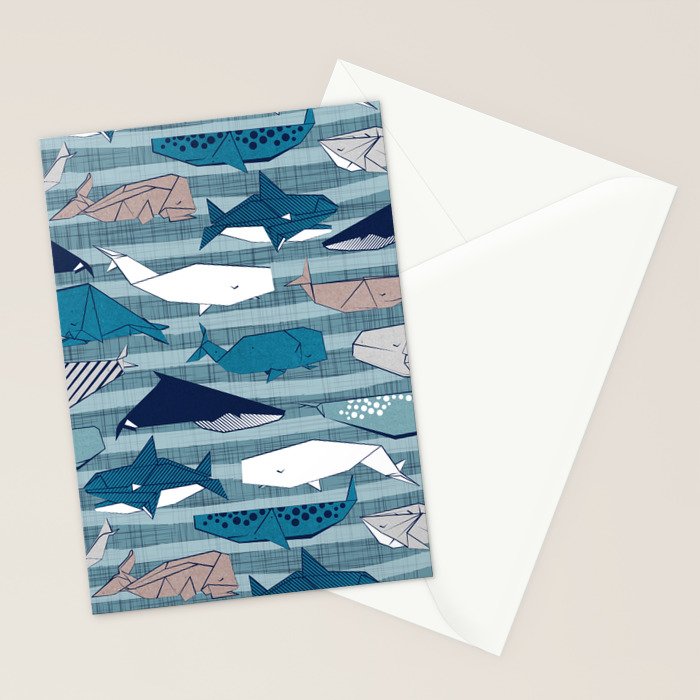 Origami Sea // linen texture and nautical stripes background teal white and taupe whales Stationery Card Gallery Image 2