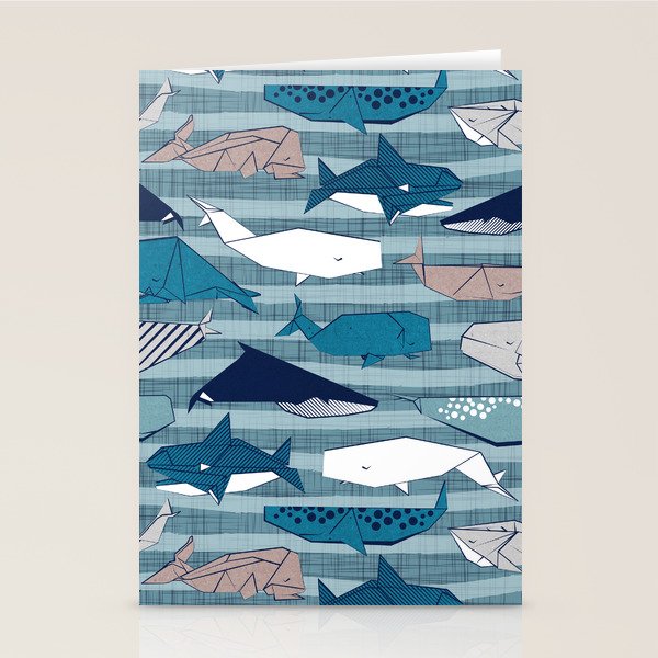 Origami Sea // linen texture and nautical stripes background teal white and taupe whales Stationery Card Gallery Image 2
