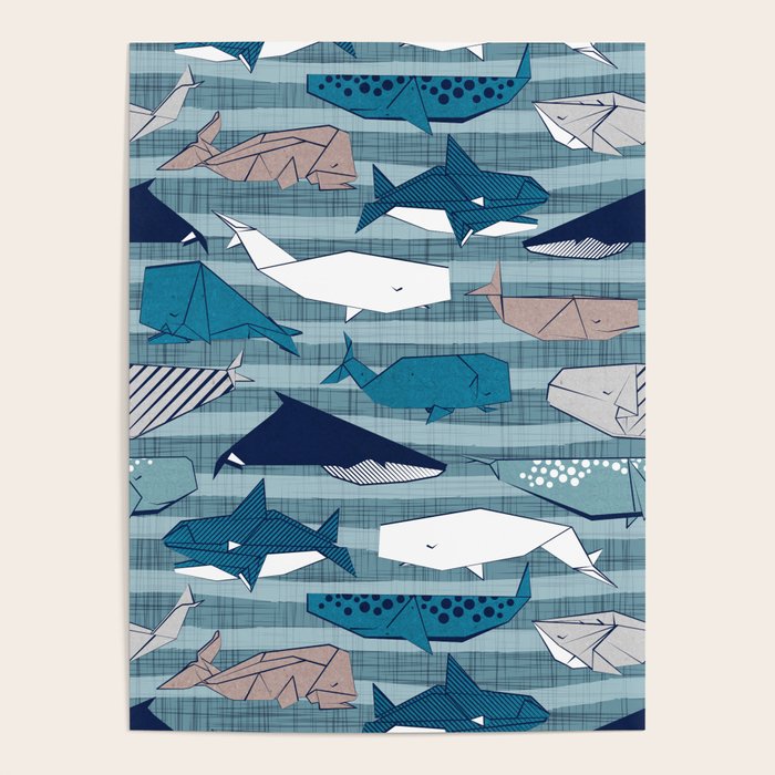 Origami Sea // linen texture and nautical stripes background teal white and taupe whales Poster Gallery Image 4