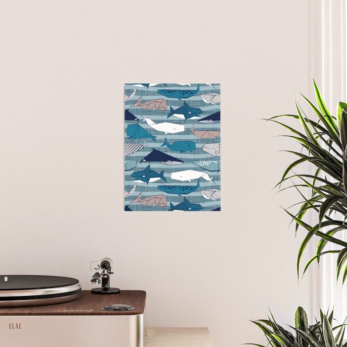 Origami Sea // linen texture and nautical stripes background teal white and taupe whales Poster Gallery Image 2