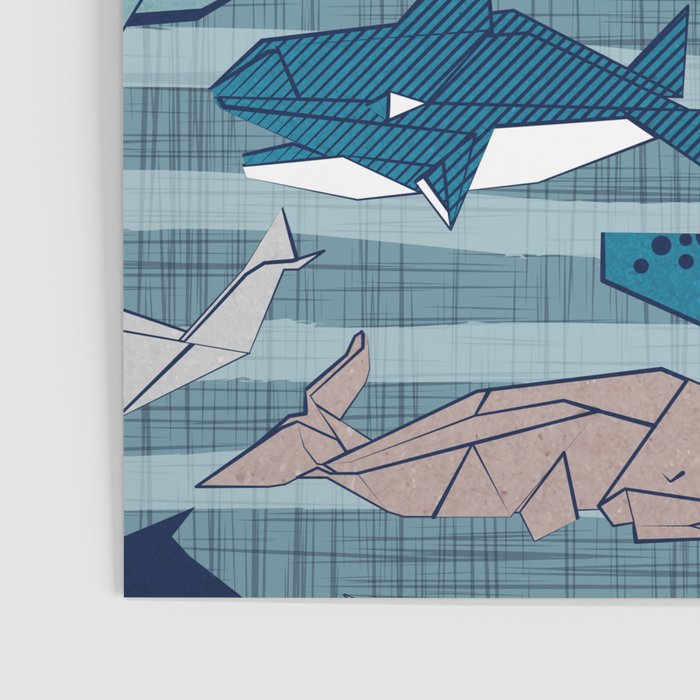Origami Sea // linen texture and nautical stripes background teal white and taupe whales Poster Gallery Image 3