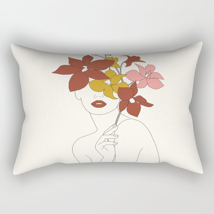 Colorful Thoughts Minimal Line Art Woman with Orchids Rectangular Pillow Gallery Image 1