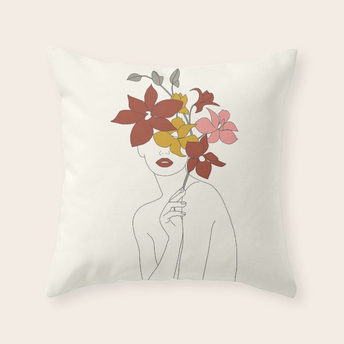 Colorful Thoughts Minimal Line Art Woman with Orchids Throw Pillow Gallery Image 1