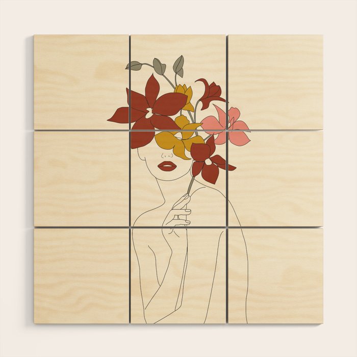 Colorful Thoughts Minimal Line Art Woman with Orchids Wood Wall Art Gallery Image 1