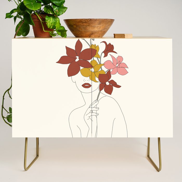 Colorful Thoughts Minimal Line Art Woman with Orchids Credenza Gallery Image 1