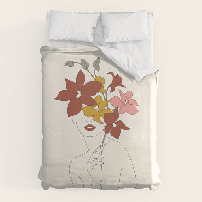 Colorful Thoughts Minimal Line Art Woman with Orchids Duvet Cover Gallery Image 1