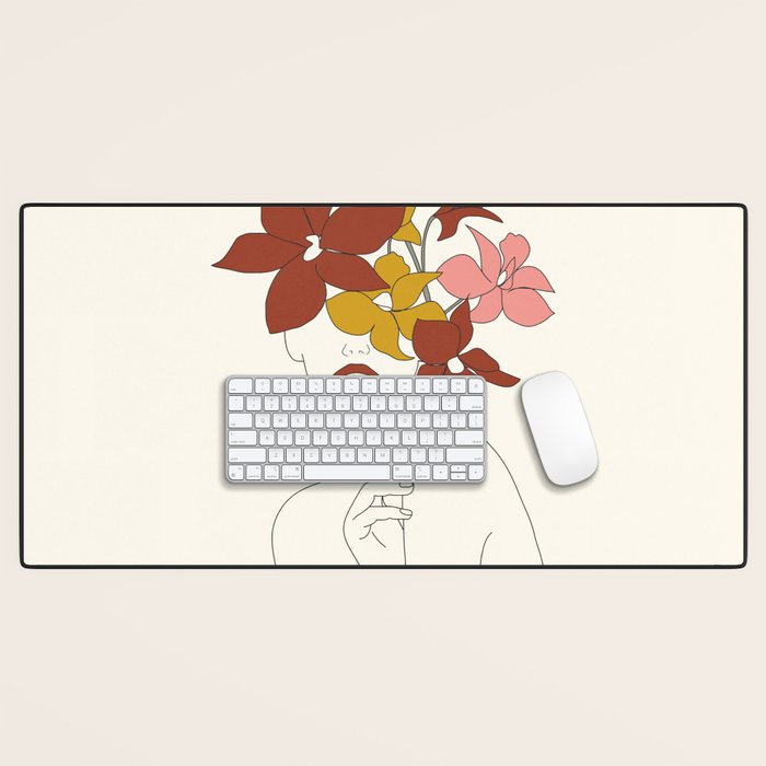 Colorful Thoughts Minimal Line Art Woman with Orchids Desk Mat Gallery Image 1