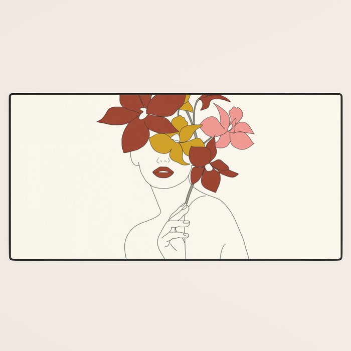 Colorful Thoughts Minimal Line Art Woman with Orchids Desk Mat Gallery Image 3