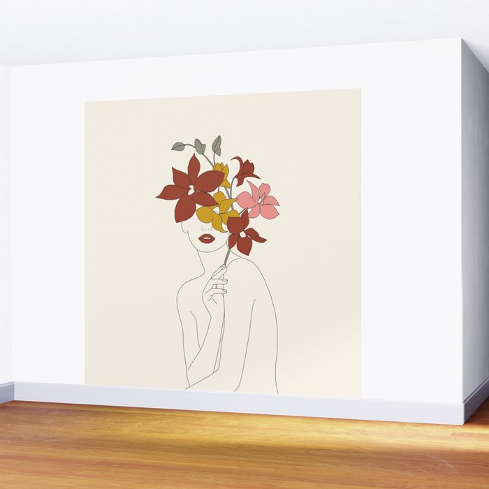 Colorful Thoughts Minimal Line Art Woman with Orchids Wall Mural Gallery Image 2