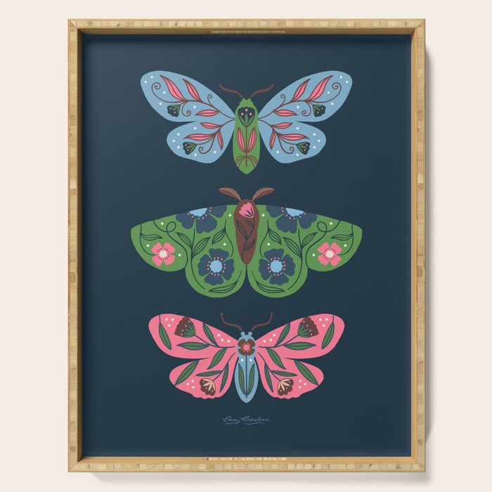 Folk Floral Moths and Butterflies Blue Serving Tray Gallery Image 1